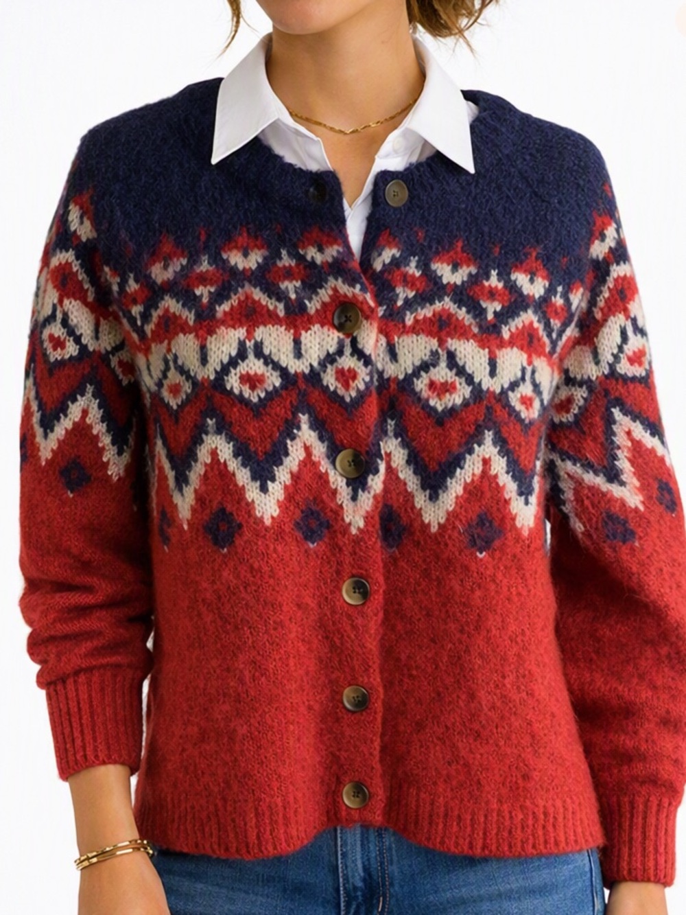 Gap Fair Isle Wool Alpaca Nordic Knit Button Cardigan Sweater Red Navy XLarge